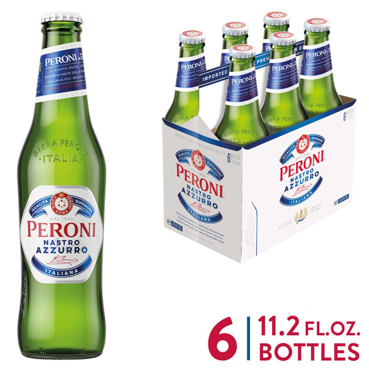 Peroni Nastro Azzurro Import Lager Beer 11.2oz 6 Pack Bottles